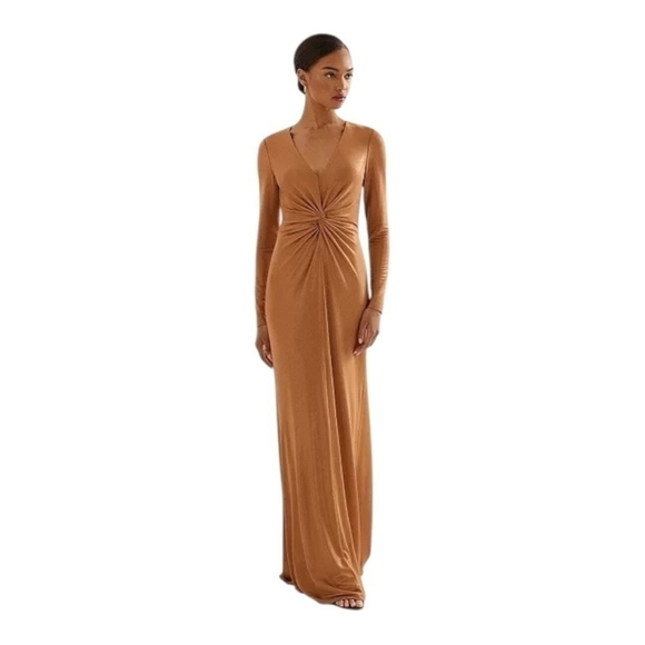NWT Women Dress Lauren Ralph Lauren Twisted Gold Metallic Jersey Gown Maxi Dress - Picture 3 of 11